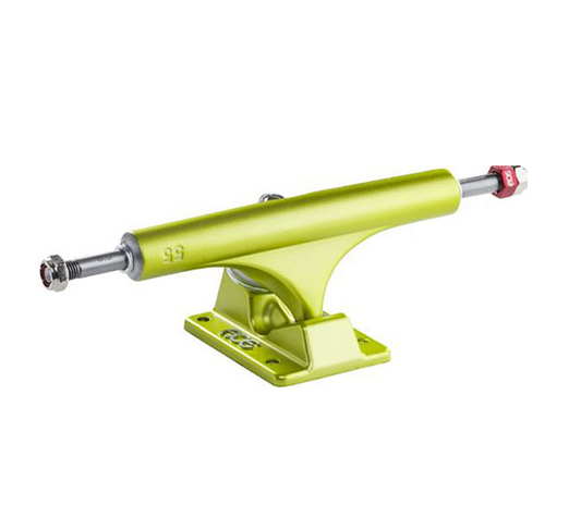 A single skateboard truck in bright lime green with silver metal hardware and a small red wheel, shown on a plain white background.