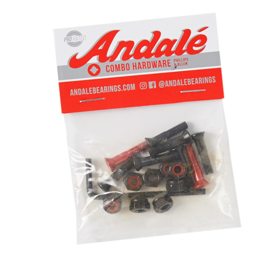 A clear plastic bag containing a small hardware set with black and red metal screws, nuts, and washers, attached to a branded white, gray, and red header card. The card shows the Andalé Combo Hardware branding and AndaleBearings.