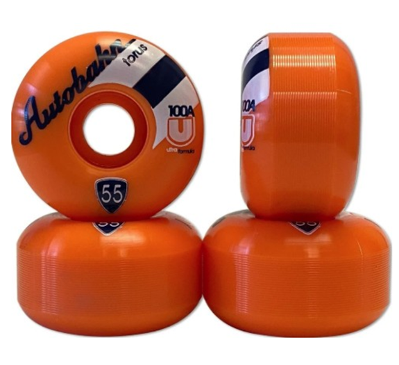 Four bright orange skateboard wheels stacked in a 2x2 arrangement on a plain white background. The top-left wheel is shown from the side, displaying the brand name 'Autobahn', model '100S', diameter '100A', and radius '55'.
