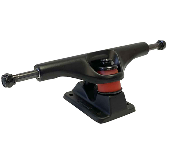 A black skateboard truck with a red inner bushing, shown on a plain white background.