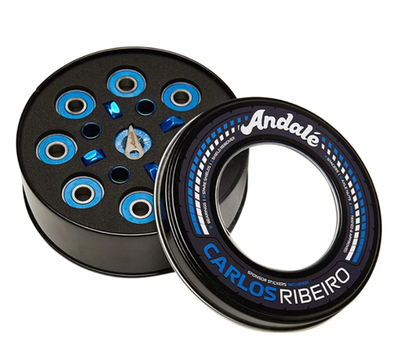 A black Andale Carlos Ribeiro 1/4 scale model car wheel and hub assembly, shown with the inner hub displaying blue bearings and the outer rim featuring white and blue branding.