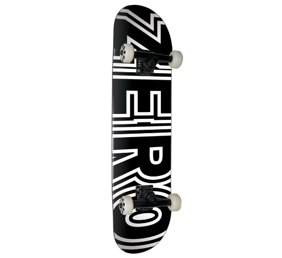 A skateboard shown vertically against a plain white background, featuring a black deck with bold white graphic lettering and white wheels with black trucks.
