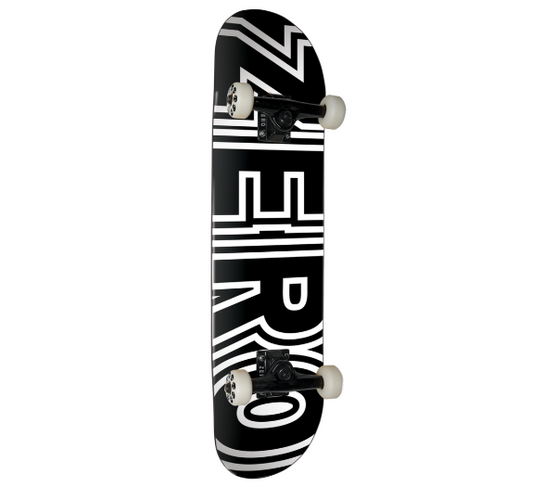 A skateboard shown vertically against a plain white background, featuring a black deck with bold white graphic lettering and white wheels with black trucks.