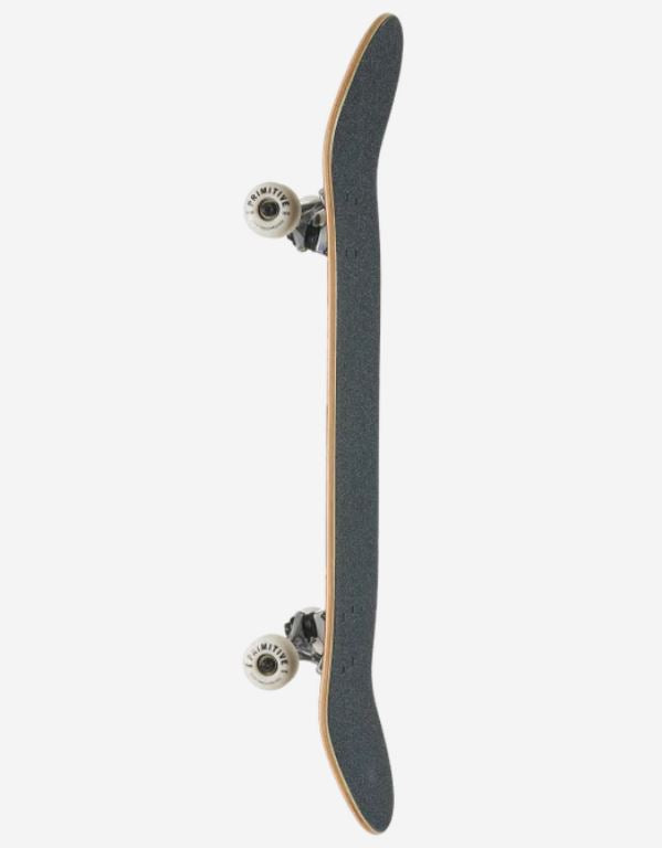 A skateboard shown vertically from the side against a plain light gray background, featuring a dark gray grip tape deck, natural wood edge, and white wheels.